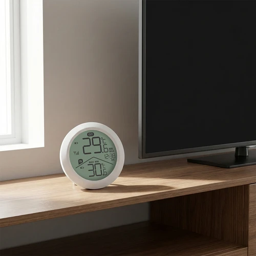 Elektronický teploměr značky Soens – kulatý, bílý, s bezdrátovým venkovním čidlem - 7