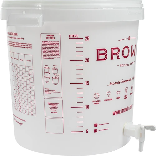 Fermentační nádoba 30L, bílá s potiskem, kohoutkem a 2 trubkami - j.EN - 4