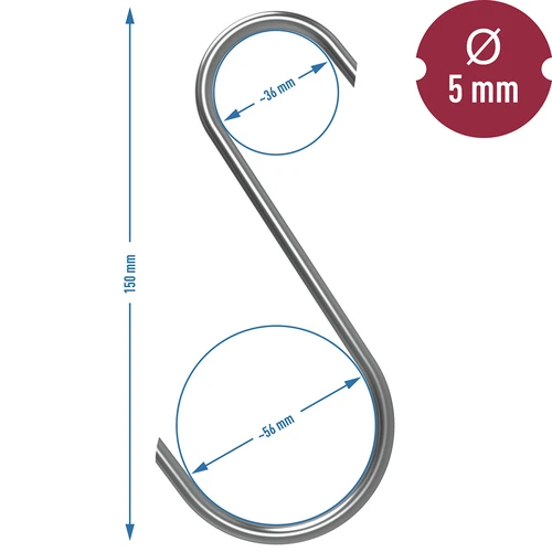 Háčky na uzení – S, seříznuté pod 45°, 5 mm x 150 mm, 5 ks - 7