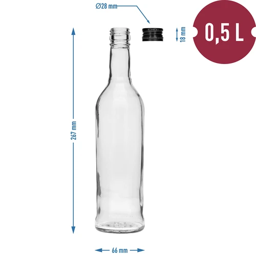 Láhev 500 ml Štíhlá, s černým uzávěrem, na vodku, 6 ks - 7
