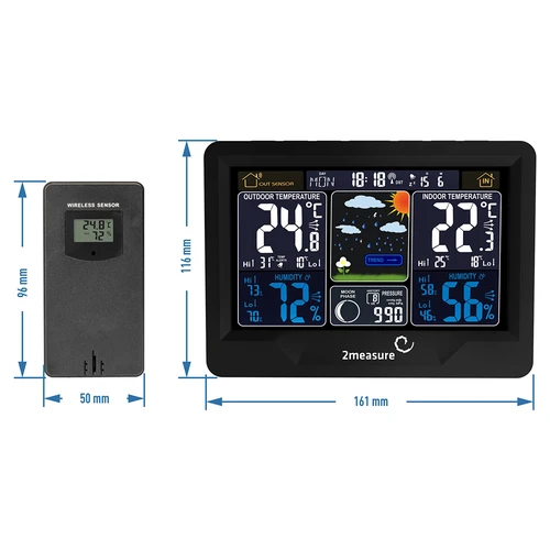 Meteorologická stanice RCC, DCF – elektronická, podsvícená, bezdrátová, senzor, černá - 12