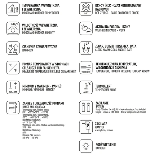 Meteorologická stanice RCC – elektronická, podsvícená, bezdrátová, senzor, černá - 10