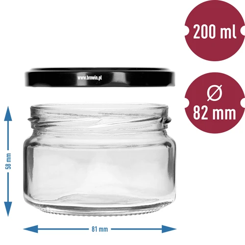 Nízká sklenice 200ml - s černým víčkem fi 82/6, 6ks. - 5