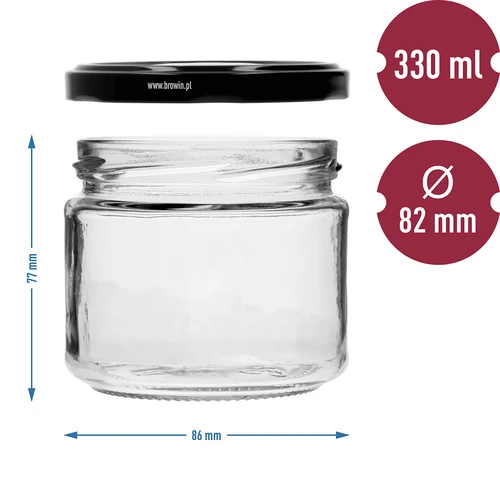 Nízká sklenice 330ml - s černým víčkem fi 82/6, 6ks. - 7