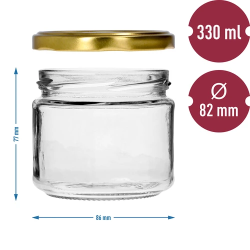 Nízká sklenice 330ml - se zlatým víčkem fi 82/6, 6ks. - 7