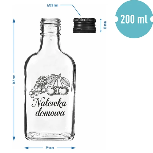 Láhev – placatka 200 ml se šroubovacím uzávěrem, potisk „Nalewka domowa”, 1 ks - 4