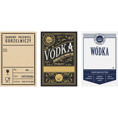 Samolepicí etikety 60x90 mm na lahve, vodku, 3 vzory 20 ks.