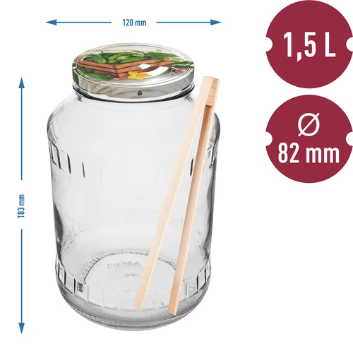 Sklenice 1,5 L, fi 82/6 s barevným víčkem + kleště - 2