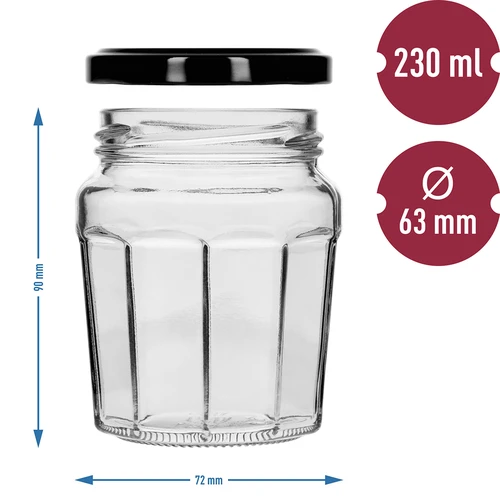 Sklenice Konfitura 230ml s černým víčkem fi63/4 - 6ks - 8
