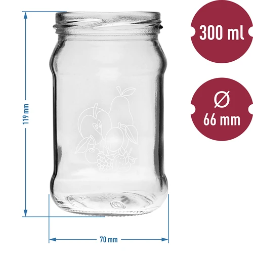 Sklenice TO 300ml s potiskem - mix ovoce a víčko fi66/4 - 3 ks - 6