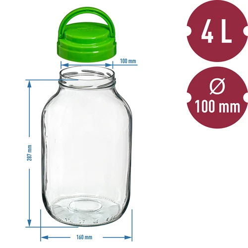 Sklenice TO 4 L s plastovým víčkem + kleště fi 100 - 6