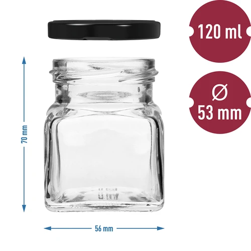 Sklenice twist off 120ml - Čtyři rohy fi 53 s černým víčkem, 6ks - 6