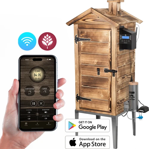 Udírna s Wi‑Fi, 200 l – dragON WOOD 100IQ s elektrickým topným modulem a řídicí jednotkou, z opalovaného dřeva