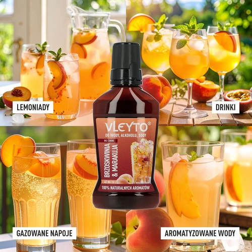VLEYTO Broskev & Marakuja – chuťová esence s přírodními aromaty, 250 ml - 7